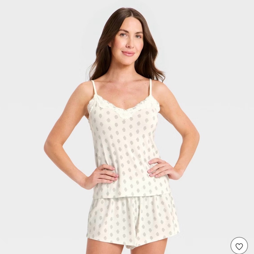 Women's Lace Trim Cloud Knit Tank Top and Shorts Pajama Set Auden Cream Medium